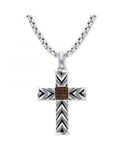 Chocolatier® Men's Chocolate Diamond Textured Cross 22" Pendant Necklace (1/8 ct. t.w.) in Sterling Silver & 14k Rose Gold-Plate