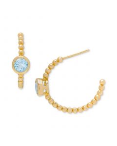 Small Blue Topaz (1-1/8 ct. t.w.) Bezel Granulated Open Hoop Earrings in 14k Gold-Plated Sterling Silver, 0.77"