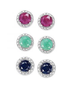 Emerald (1/2 ct. t.w.), Ruby (5/8 ct. t.w.) and Sapphire (5/8 ct. t.w.) Earring Set in Sterling Silver