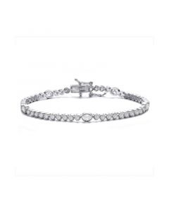 Sterling Silver with Rhodium Plated Clear Round and Oval Cubic Zirconia Bezel Set Tennis Bracelet