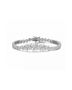 Sterling Silver with Rhodium Plated Clear Round Cubic Zirconia Flower Design Tennis Bracelet