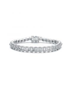 Rhodium-Plated with Cubic Zirconia Round Flat Link Tennis Bracelet in Sterling Silver