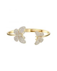 Sterling Silver 14k Gold Plated with Cubic Zirconia French Pave Butterfly Open Cuff Bangle Bracelet