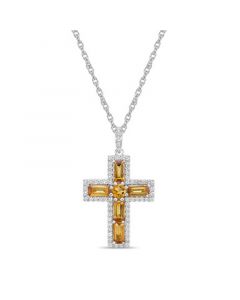 Sterling Silver Halo Birthstone Style Genuine Citrine and White Topaz Fancy Cut Cross Pendant Necklace