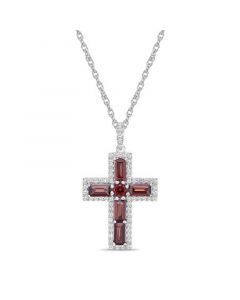 Sterling Silver Halo Birthstone Style Genuine Garnet and White Topaz Fancy Cut Cross Pendant Necklace