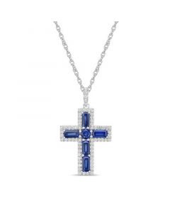 Sterling Silver Halo Birthstone Style Created Blue Sapphire and Created White Sapphire Fancy Cut Cross Pendant Necklace