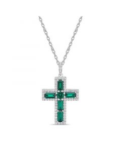 Sterling Silver Halo Birthstone Style Created Emerald and Created White Sapphire Fancy Cut Cross Pendant Necklace