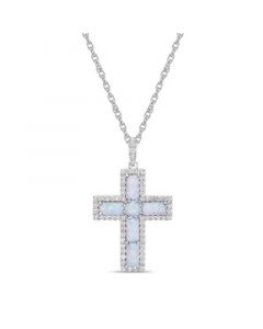 Sterling Silver Halo Birthstone Style Created Opal and Created White Sapphire Fancy Cut Cross Pendant Necklace