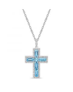 Sterling Silver Halo Birthstone Style Genuine Swiss Blue and White Topaz Fancy Cut Cross Pendant Necklace