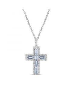 Sterling Silver Halo Birthstone Style Genuine Aquamarine and White Topaz Fancy Cut Cross Pendant Necklace