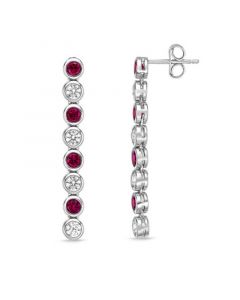 Sterling Silver Elegant Alternating Created Red Ruby and Created White Sapphire Round Bezel Set Drop Earrings