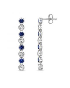 Created Blue and White Sapphire Bezel Set Drop Earrings in Sterling Silver