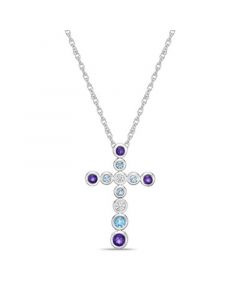 Sterling Silver modern 3/4 (ct. t. w.) Multi-Gemstone Bezel Set Cross Pendant Necklace