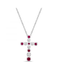 Sterling Silver modern 7/8 (ct. t. w.) Alternating Created Red Ruby and Created White Sapphire Bezel Set Cross Pendant Necklace