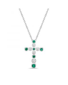 Sterling Silver modern 3/4 (ct. t. w.) Created Emerald and Created White Sapphire Bezel Set Cross Pendant Necklace