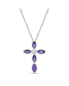 Sterling Silver Simple 1 3/8 (ct. t. w.) Genuine Purple Amethyst and White Topaz Marquise Bezel Set Cross Pendant Necklace