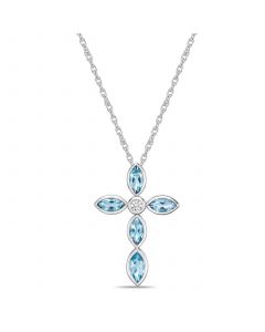 Sterling Silver Simple 1 3/4 (ct. t. w.) Genuine Swiss Blue Topaz and White Topaz Marquise Bezel Set Cross Pendant Necklace