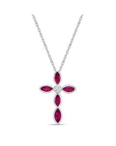 Sterling Silver Simple 1 5/8 (ct. t. w.) Created Red Ruby and Created White Sapphire Marquise Bezel Set Cross Pendant Necklace