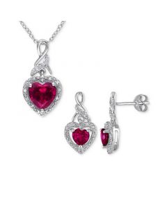 2-Pc. Set Lab-Created Ruby (4 ct. t.w.) & Diamond (1/4 ct. t.w.) Heart Halo Pendant Necklace and Matching Drop Earrings in Sterling Silver