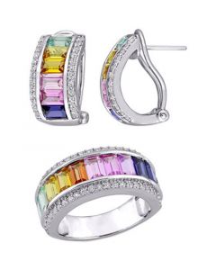 2-Pc. Set Lab-Created Multi-Sapphire Baguette Ring & Matching Hoop Earrings (8-1/10 ct. t.w.) in Sterling Silver