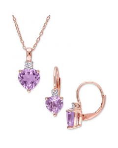 2-Pc. Set Pink Amethyst (3-1/2 ct. t.w.) & Lab-Created White Sapphire (1/3 ct. t.w.) Heart Pendant Necklace & Matching Leverback Drop Earrings in Rose-Plated Sterling Silver