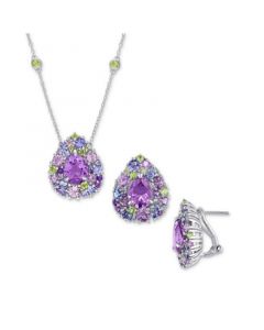 2-Pc. Set Multi-Gemstone (13-1/3 ct. t.w.) Teardrop Halo Cluster Pendant Necklace & Matching Stud Earrings in Sterling Silver