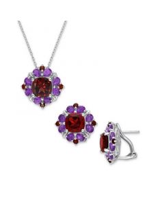 2-Pc. Set Garnet (9-7/8 ct. t.w.) & Amethyst (3-1/3 ct. t.w.) Halo Pendant Necklace & Matching Stud Earrings in Sterling Silver