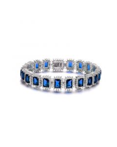 Sterling Silver with Blue Sapphire &  Cubic Zirconia Rectangular Halo Cluster Link Vintage Tennis Bracelet