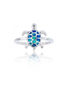 Created Blue Opal Inlay Turtle Ring in Sterling Silver