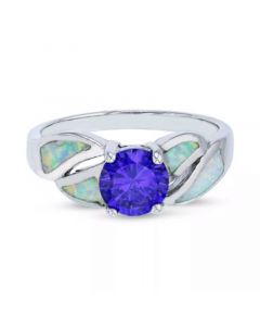 Purple Cubic Zirconia & Lab-Created Opal Inlay Ring in Sterling Silver