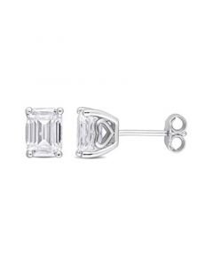 Emerald Cut Moissanite Stud Earrings 2 ct. t.w with Heart Detail in Sterling Silver