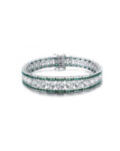 Sterling Silver Clear Round and Green Baguette Cubic Zirconia Link Bracelet