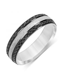 Men's Carved Two-Tone Wedding Band in Sterling Silver & Black Rhodium-Plate