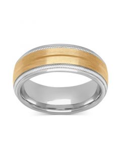 Men's Satin Finish Beaded Wedding Band in Sterling Silver & 18k Gold-Plate