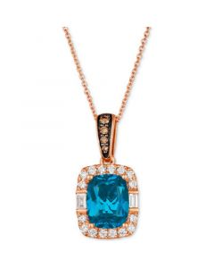 Chocolatier® Deep Sea Blue Topaz (2-1/4 ct. t.w.) & Diamond (1/3 ct. t.w.) Halo Pendant Necklace in 14k Rose Gold, 18" + 2" extender