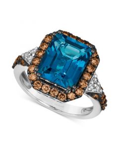 Couture Deep Sea Blue Topaz (5 ct. t.w.), Chocolate Diamonds (3/4 ct. t.w.) & Nude Diamonds (1/10 ct. t.w.) Square Halo Ring in Platinum