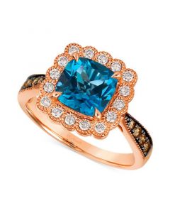 Deep Sea Blue Topaz (2-1/2 ct. t.w.) & Diamond (1/2 ct. t.w.) Cushion Halo Ring in 14k Rose Gold