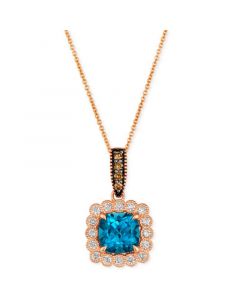 Deep Sea Blue Topaz (2-1/2 ct. t.w.) & Diamond (1/2 ct. t.w.) Cushion Halo Pendant Necklace in 14k Rose Gold, 18" + 2" extender