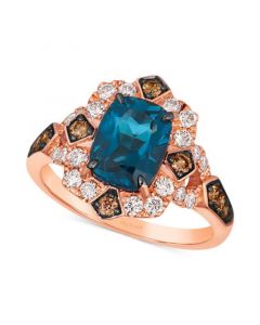 Deep Sea Blue Topaz (2-1/4 ct. t.w.), Nude Diamonds (3/8 ct. t.w.) & Chocolate Diamonds (1/4 ct. t.w.) Cushion Halo Ring in 14k Rose Gold