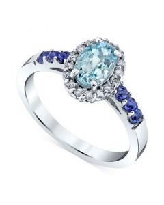 Aquamarine (3/4 ct. t.w.), Iolite (1/3 ct. t.w.), & Diamond (1/6 ct. t.w.) Halo Ring in 14k White Gold