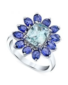 Aquamarine (2 ct. t.w.) & Iolite (1-3/4 ct. t.w.) Halo Flower Ring in Sterling Silver