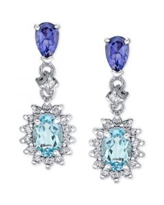 Aquamarine (3/4 ct. t.w.), Iolite (3/8 ct. t.w.), & Diamond (1/3 ct. t.w.) Halo Drop Earrings in 14k White Gold