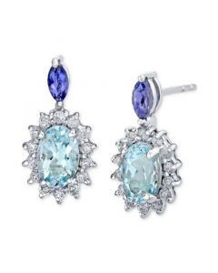 Aquamarine (3/4 ct. t.w.), Iolite (1/6 ct. t.w.), & Diamond (1/5 ct. t.w.) Halo Drop Earrings in 14k White Gold