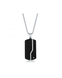 Mens Stainless Steel Black Pebbled Single CZ Dog Tag Necklace