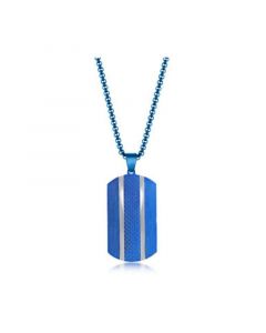 Mens Stainless Steel Blue Textured Silver Double Lined Dog Tag Necklace