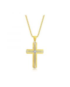 Mens Stainless Steel Gold & Silver Lined Single CZ Cross Necklace