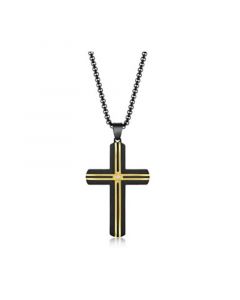 Mens Stainless Steel Black & Gold Lined Single CZ Cross Necklace