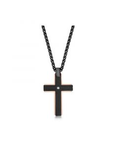 Mens Stainless Steel Black w/ Rose Gold Border Single CZ Necklace