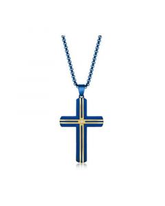 Mens Stainless Steel Blue & Gold Plated Lined Single CZ Cross Necklace