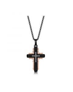 Mens Stainless Steel Black & Rose Gold CZ Cross Necklace